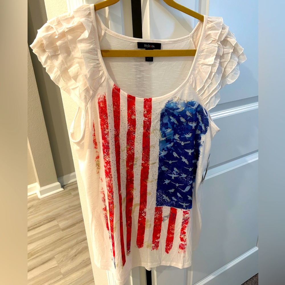 NWT Womens Style & Co Flag Tunic Top, size L, couple spots arm hole (pictured).